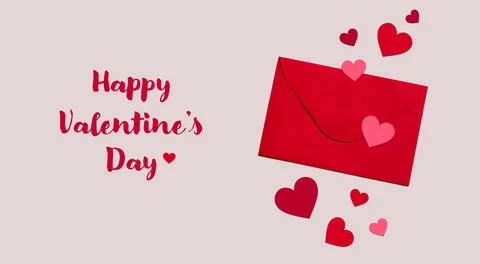 Red envelope with red and pink heats and text Happy Valentines day Stock Illustration