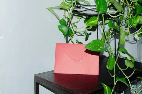 Red envelope on table next to plant Stock Photos