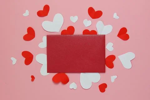 Red envelope on white and red hearts. Pink background. Copy space.Background  Stock Photos