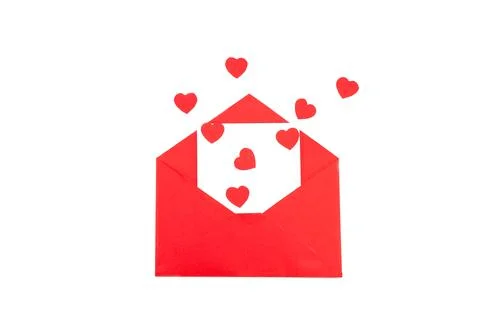 Red envelope with a white sheet of paper and red hearts on a white background Stock Photos