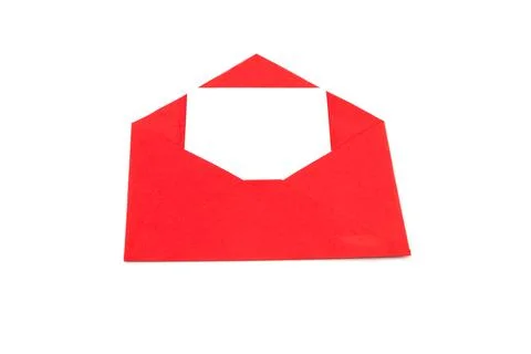 Red envelope with a white sheet of paper on a white background Stock Photos