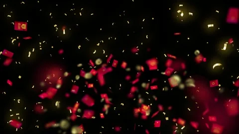 Red envelopes and golden confetti falling in festive celebration against deep Stock-Footage 345334974