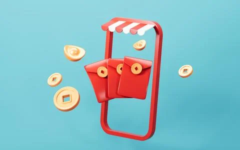 Red envelopes and mobile phone, coupons and vouchers, marketing discount ba.. Stock Illustration