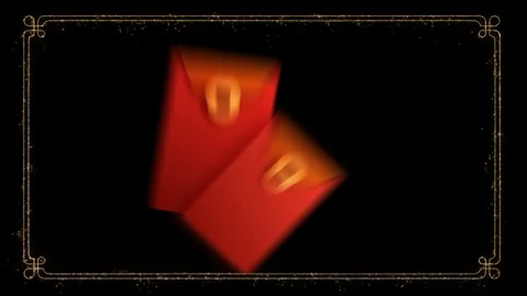 Red envelopes floating within ornate golden frames against a shimmering dark Stock Footage 345161603