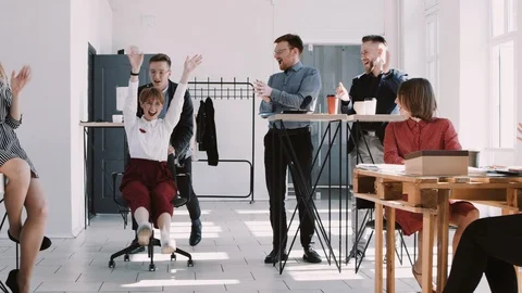 RED EPIC-W Smiling young business woman celebrates success with happy office 스톡 동영상 113085598