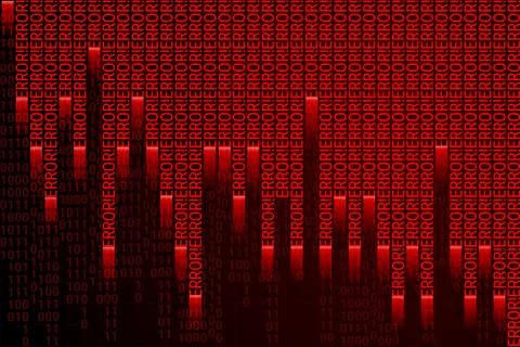 Red ERROR text rains across screen in binary glitch effect, symbolizing tech and Illustrazione stock