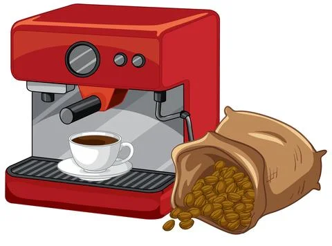 Red Espresso Machine with Coffee Cup and Sack of Roasted Beans イラスト素材