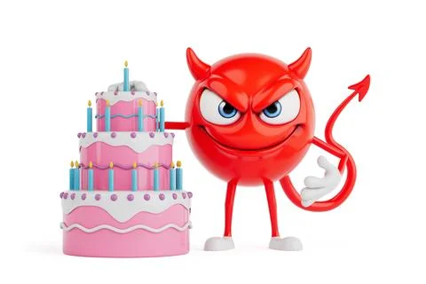 Red Evil Cartoon Character Concept. Smiling Devil Emoji Standing Next To A .. Stock Illustration