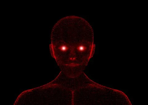 Red evil. Wireframe model with connection lines on black background, artifici Stock Illustration