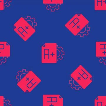 Red Exam sheet with A plus grade icon isolated seamless pattern on blue Stock Illustration