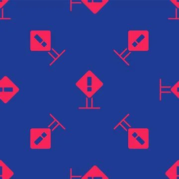 Red Exclamation mark in square frame icon isolated seamless pattern on blue Stock Illustration
