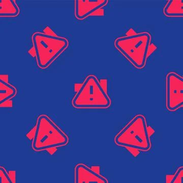 Red Exclamation mark in triangle icon isolated seamless pattern on blue backg Stock Illustration