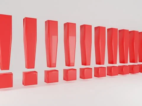 Red exclamation marks isolated on white. 3D render. Stock Illustration