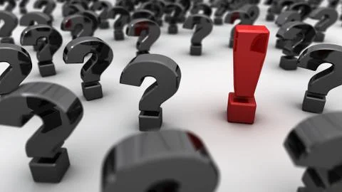 A red exclamation point in a field of black question marks Stock Illustration