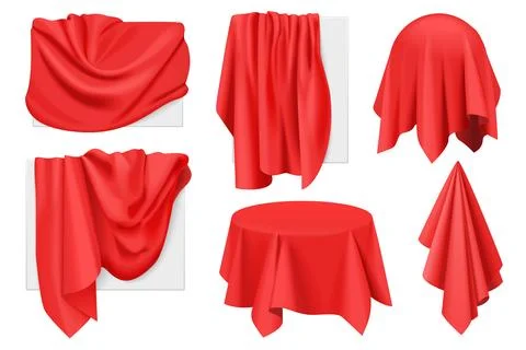 Red fabric covers on objects with drapery set, 3D drape in cloth on sphere Stock Illustration
