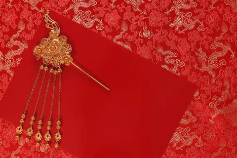 Red fabric with dragon pattern with red copy space for text Stock Photos