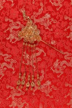 Red fabric with dragon pattern with red copy space for text Stock Photos