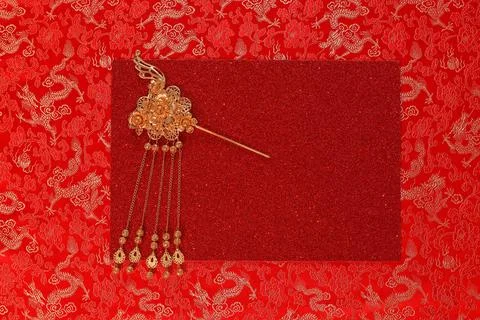 Red fabric with dragon pattern with red copy space for text Stock Photos