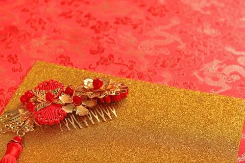 Red fabric with dragon pattern with yellow gold copy space for text Stock Photos