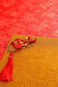 Red fabric with dragon pattern with yellow gold copy space for text Stock Photos