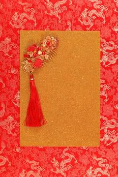 Red fabric with dragon pattern with yellow gold copy space for text Stock Photos