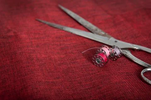 Red fabric scissors 写真素材