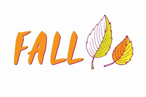 Red Fall lettering with two fall leaves. Hand drawn vector sketch. Floral Herb Stock-Illustration