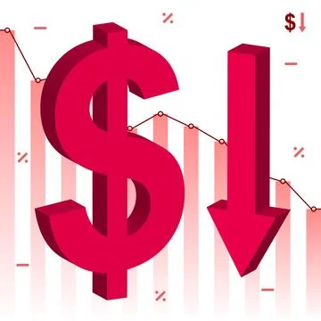 Red falling dollar currency 3d symbol with statistical graph background Stock Illustration