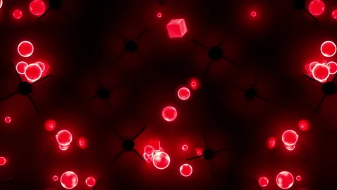 Red falling neon balls and cubes, bouncing from obstacles on background Stock Footage 146483631