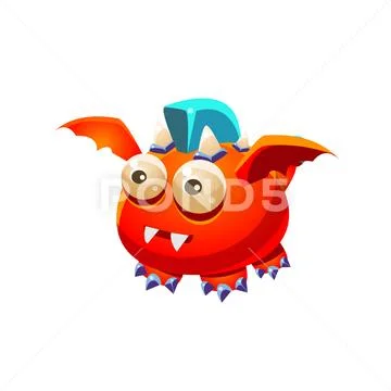 Red Fantastic Friendly Pet Dragon With Blue Mohawk Fantasy Imaginary Monster Stock Illustration