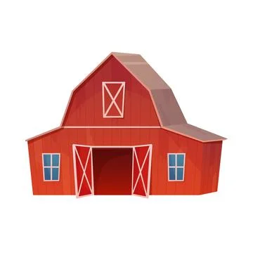Red farm barn, front view of rustic house with windows and door on ranch Stock Illustration