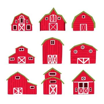 Red farm barns collection representing agriculture and rural life Ilustración de archivo