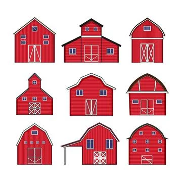 Red farm barns set vector illustrations depicting agriculture buildings Ilustración de archivo