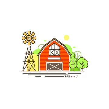 Red farm building vector flat illustration isolated on white background. Eco Ilustración de archivo