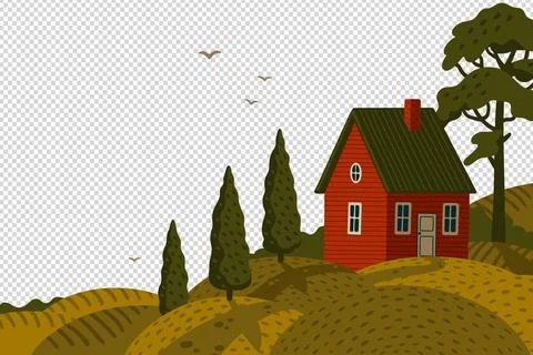 Red farm house. Rural landscape with Barn house in rustic style on green field Stock Illustration