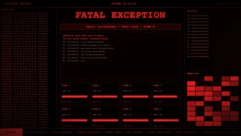 Red Fatal Exception Kernel Panic Stack Trace Registers Memory Map Screen. Stock Footage 347575333