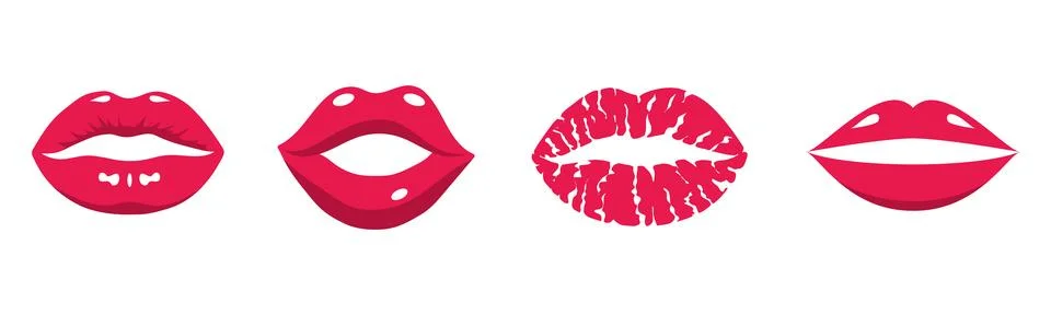 Red Female Lips Collection. Vector Set of Sexy Mouth Expressions. Pop Art Ilustración de archivo
