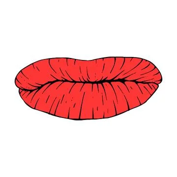 Red female lips sketch vector illustration line art Stock Illustration
