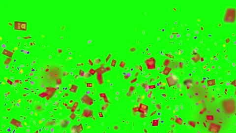 Red festive envelopes falling downwards against vibrant green screen background Stock Footage 345335037
