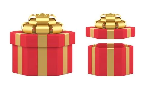 Red festive gift box set with open and closed cap holiday present unpacking r Stock Illustration