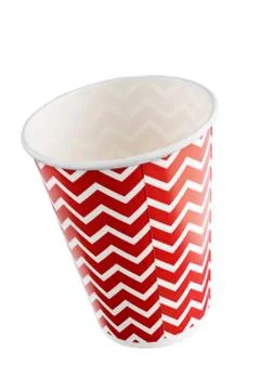 Red festive paper cups with a pattern of broken horizontal lines. + clipping  Stock Photos