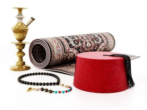 Red fez hat, carpet, prayer beads and hookah. 3D illustration Stock Illustration