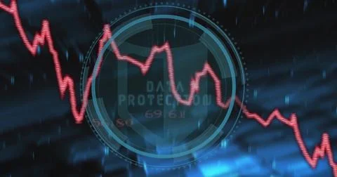 Red financial graph and data points image over futuristic blue digital Illustrazione stock