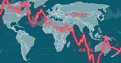 Red financial graph image over world map with numerical data points イラスト素材