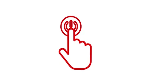 Red finger hand cursor pointing to power button symbol on white background .. Stock Footage 345547741