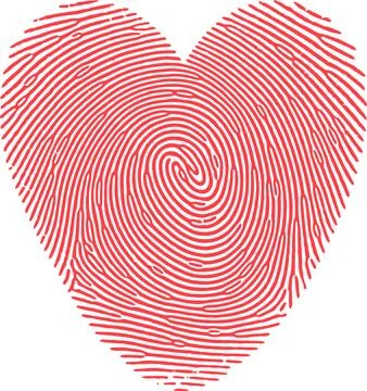 Red fingerprint forms a heart shape on a white background, symbolizing unique Stock Illustration