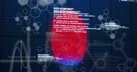 Red fingerprint overlaying digital data and binary code, symbolizing 스톡 일러스트