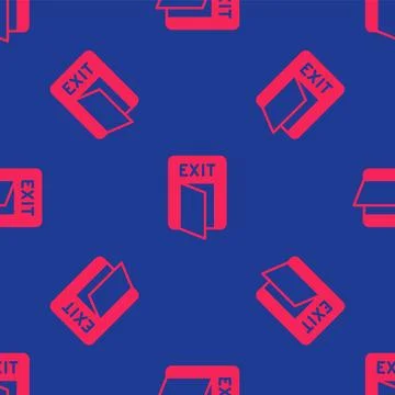 Red Fire exit icon isolated seamless pattern on blue background. Fire emergency Stockillustratie