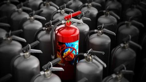 Red fire extinguisher standing out among gray extinguishers. 3D illustration Stock Illustration