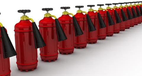 Red fire extinguishers lined up in row Illustration
